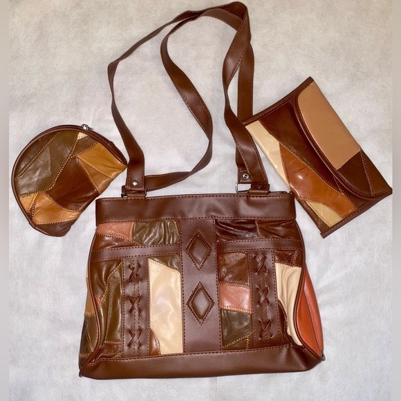 Handbags - Patchwork Leather Handbag Set in Brown and Tan